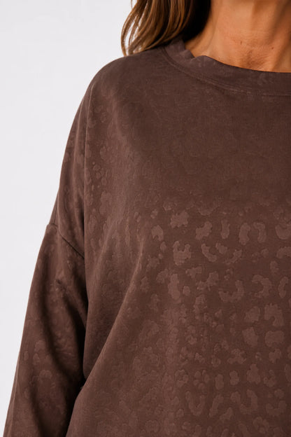 Raw Edge Hem Embossed Leopard Carvella Top - Chocolate