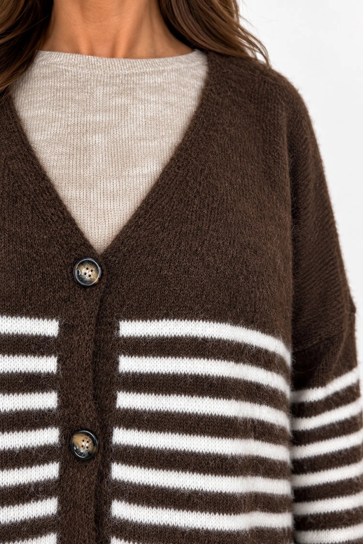 Wool Mix Perla Stripe Button Cardigan - Chocolate