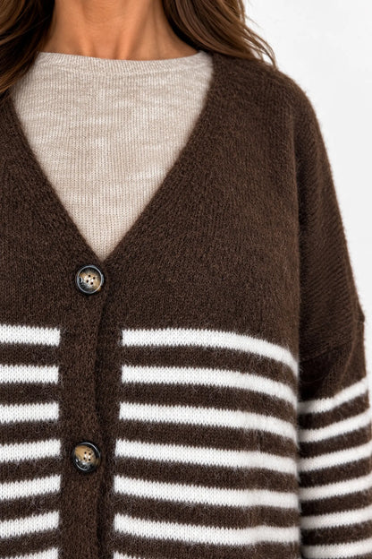 Wool Mix Perla Stripe Button Cardigan - Chocolate