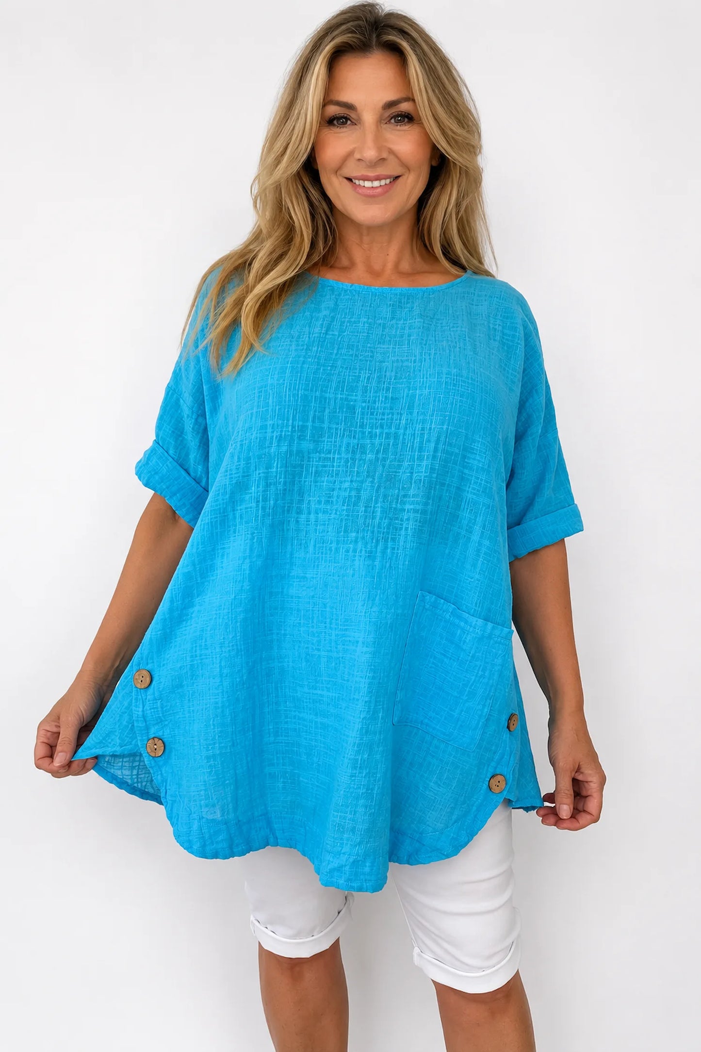 Linen Look Pure Cotton Button Detail Pocket Venice Top - Turquoise