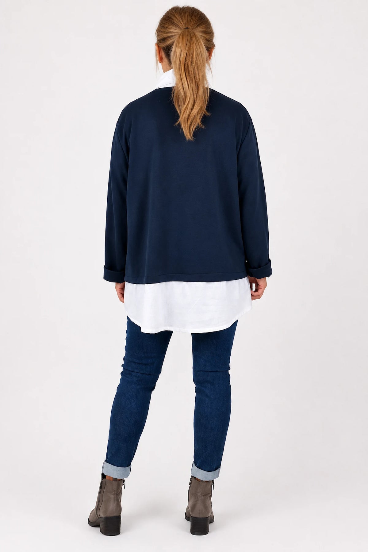 Faux Shirt Layered Milan Top - Navy