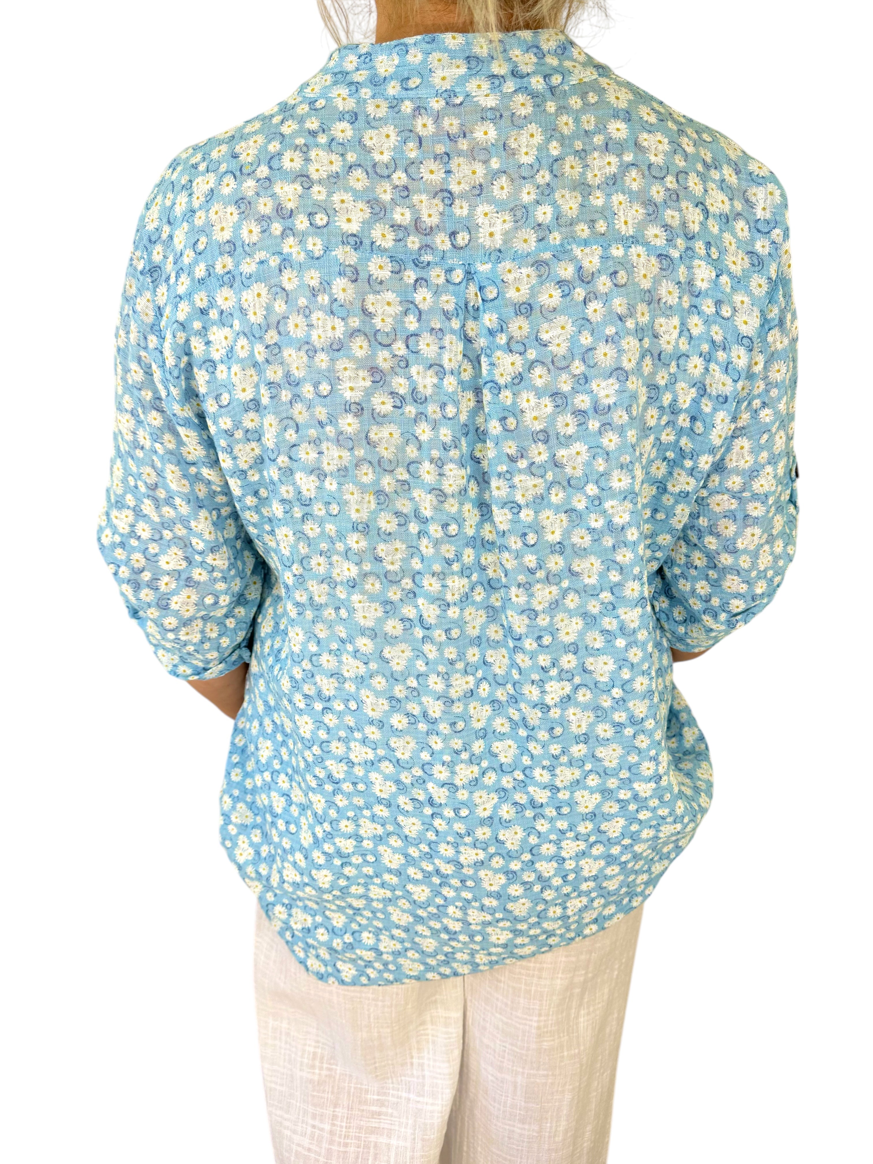 Pure Cotton Daisy Button Sleeve Carli Shirt - Baby Blue