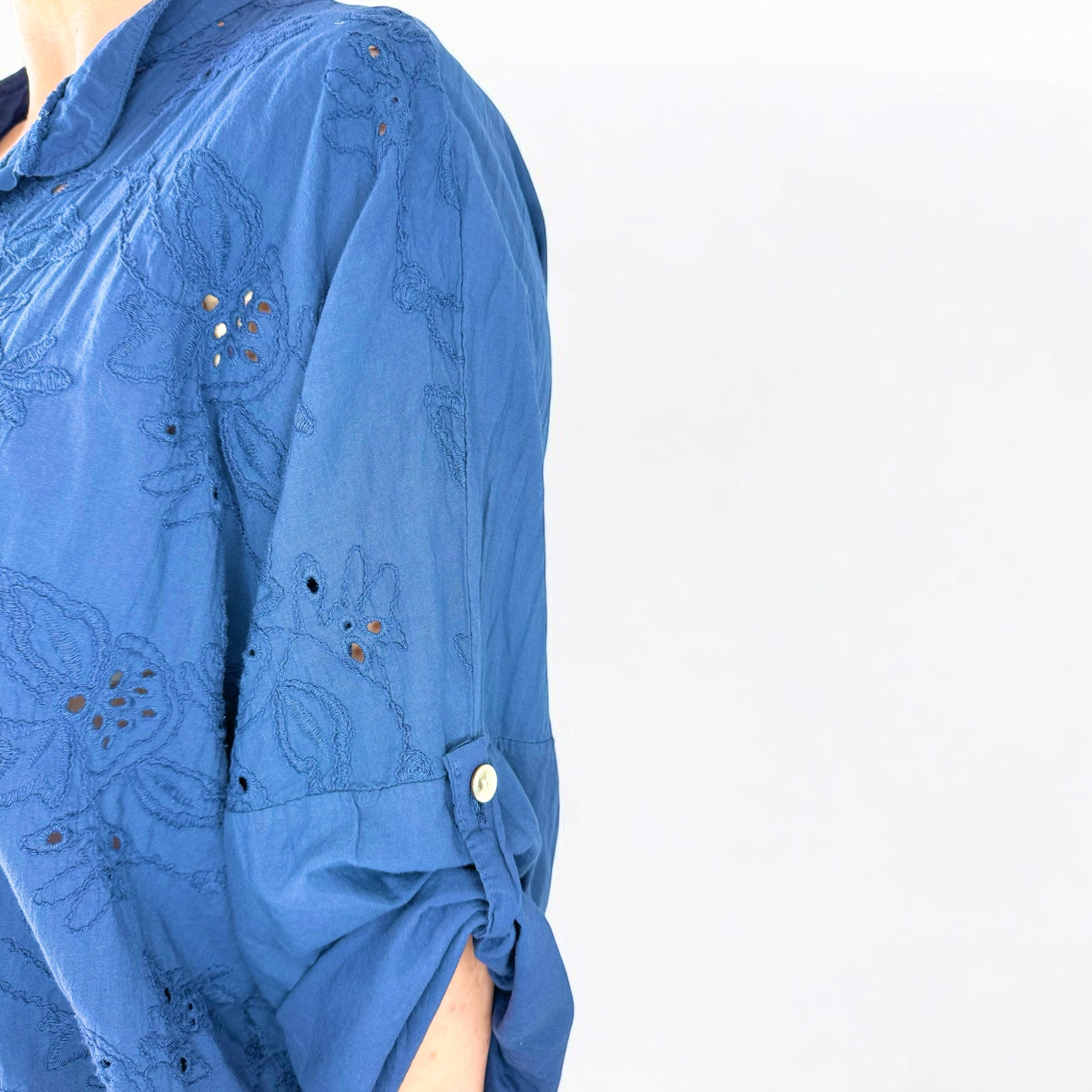 Cotton Oversized Embroidery Anglaise Button Sleeve Shirt - Navy