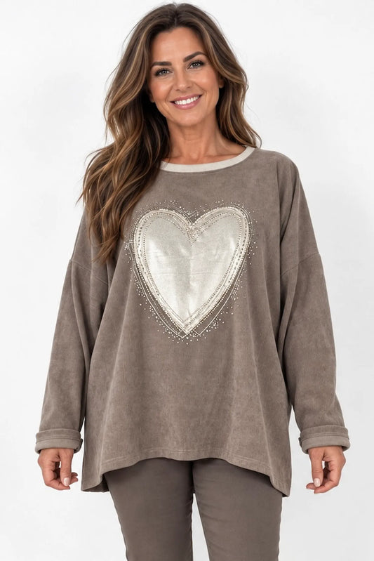 Needlecord Golden Diamanté Heart Piana Top - Mocha