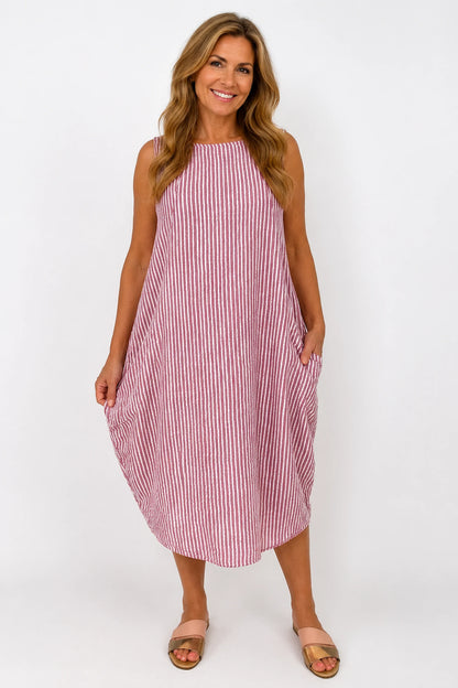 Cotton Double Pocket Pinstripe Elizabeth Dress - Raspberry Ripple