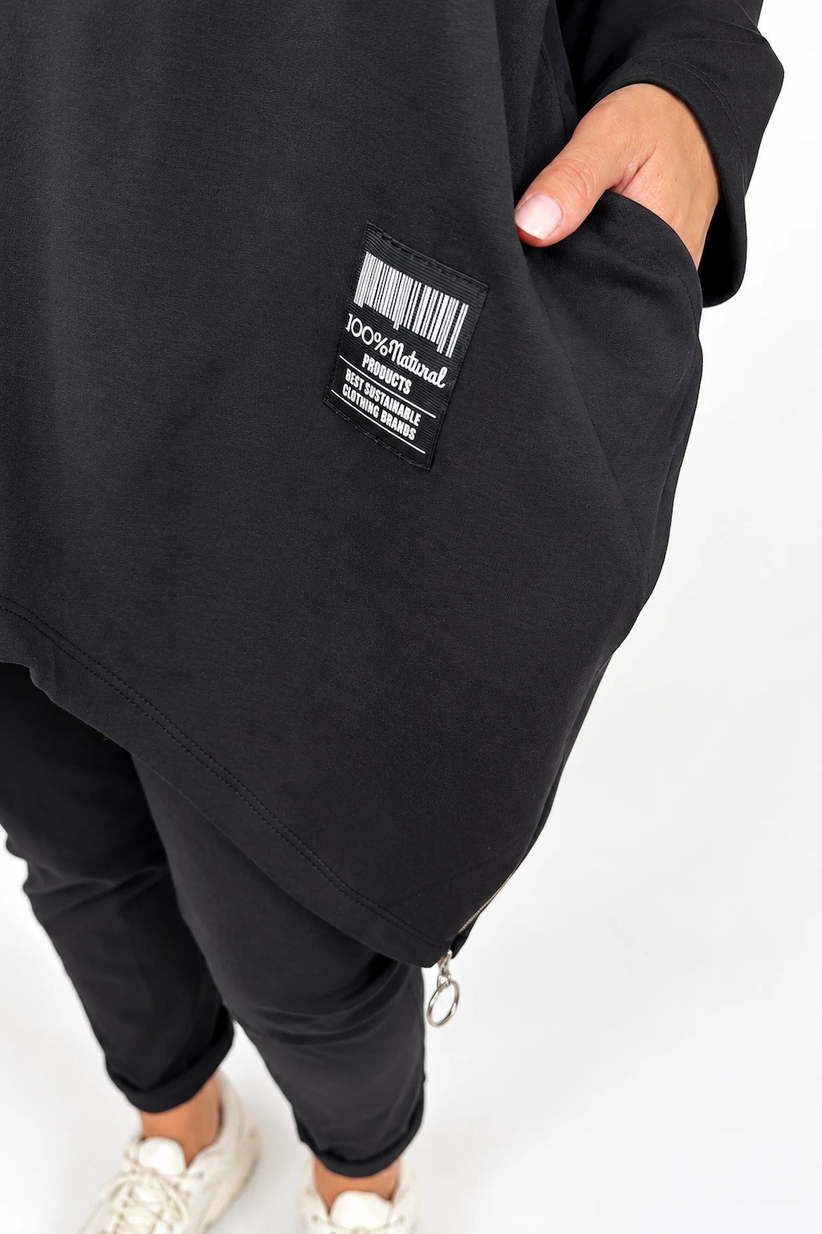 Zipped Hem Badge Detail Double Pocket Lorrie Top - Black