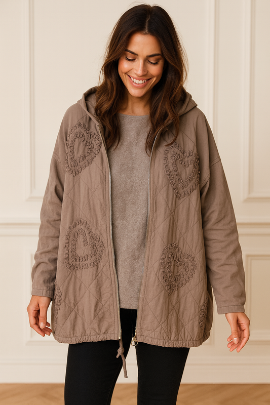 Cotton Embroidered Heart Amélie Hooded Jacket - Mocha