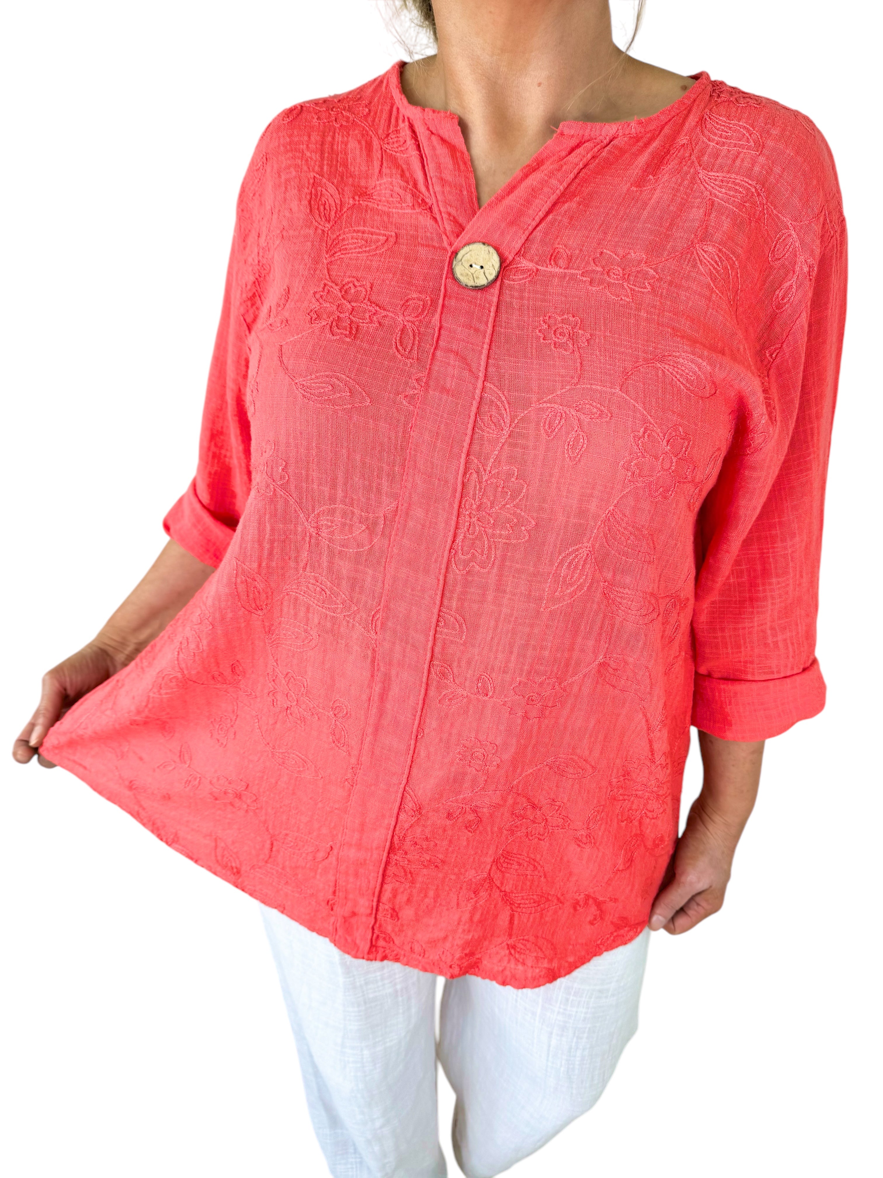 Pure Cotton Embroidery Anglaise One Button Carla Shirt - Coral
