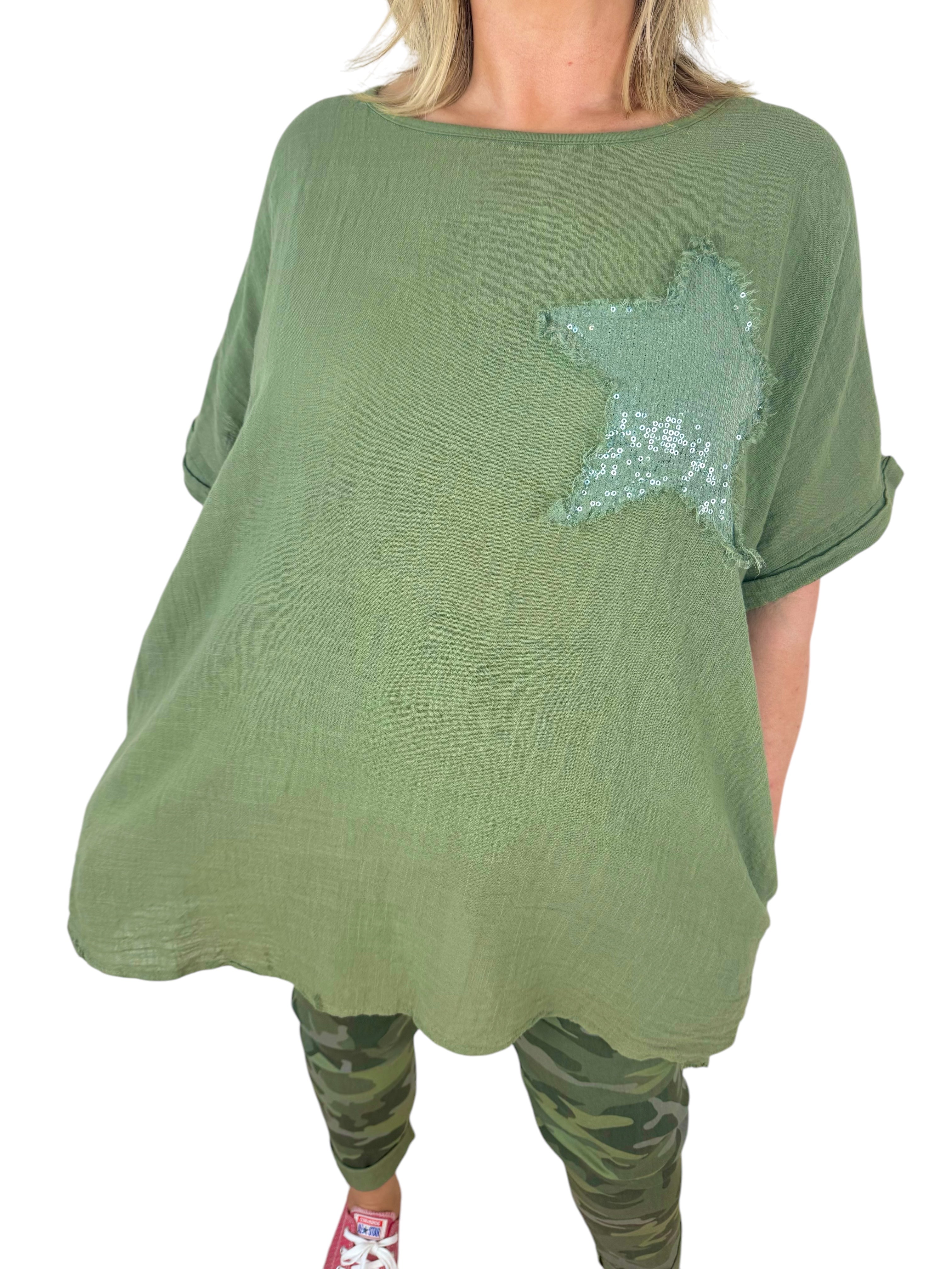 Pure Cotton Double Pocket Siana Sparkle Star Top - Khaki