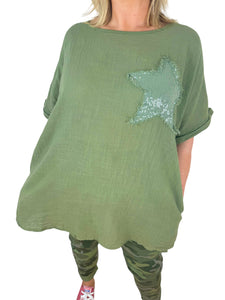 Pure Cotton Double Pocket Siana Sparkle Star Top - Khaki