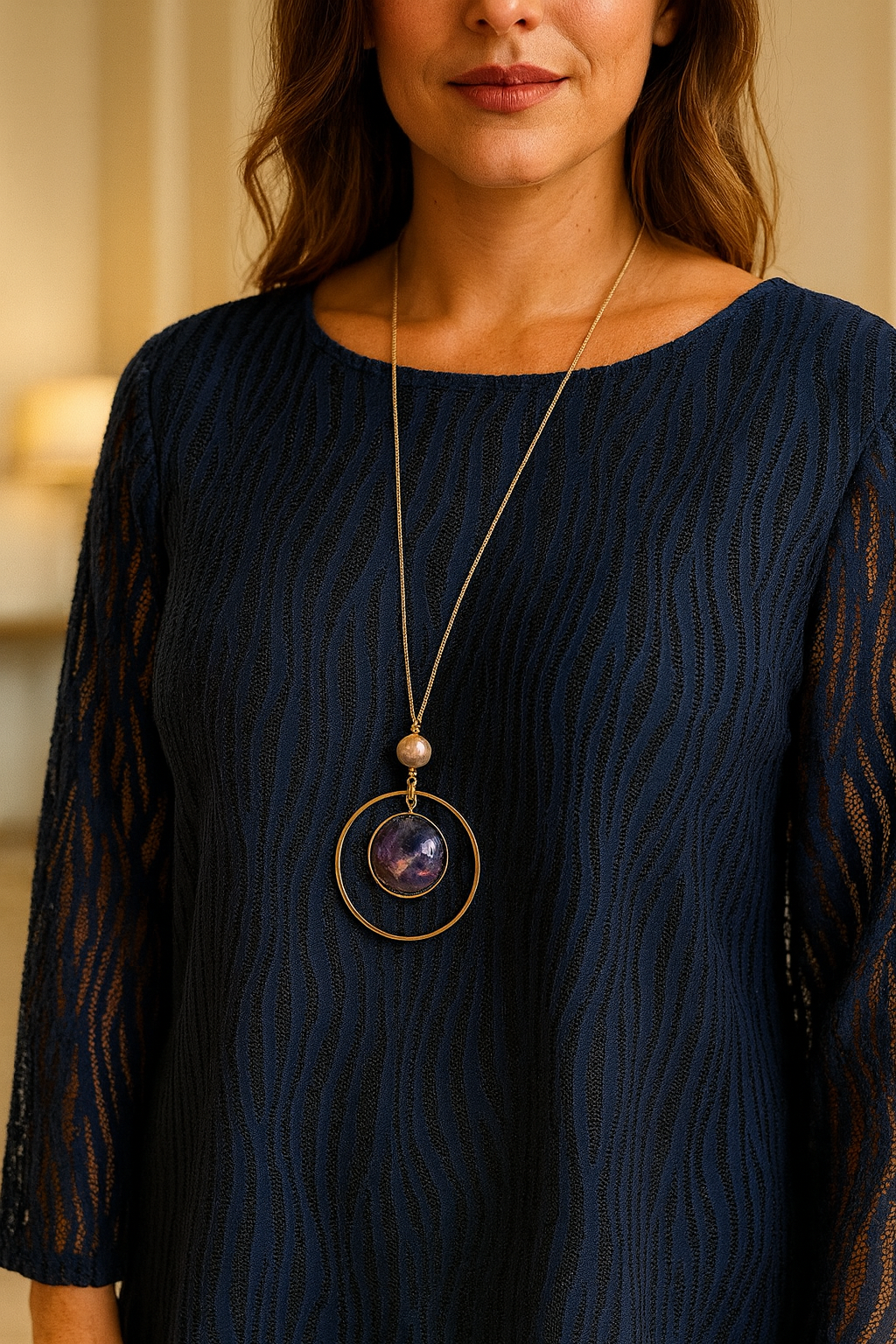Fully Lined Mesh Detail Milan Necklace Top - Navy
