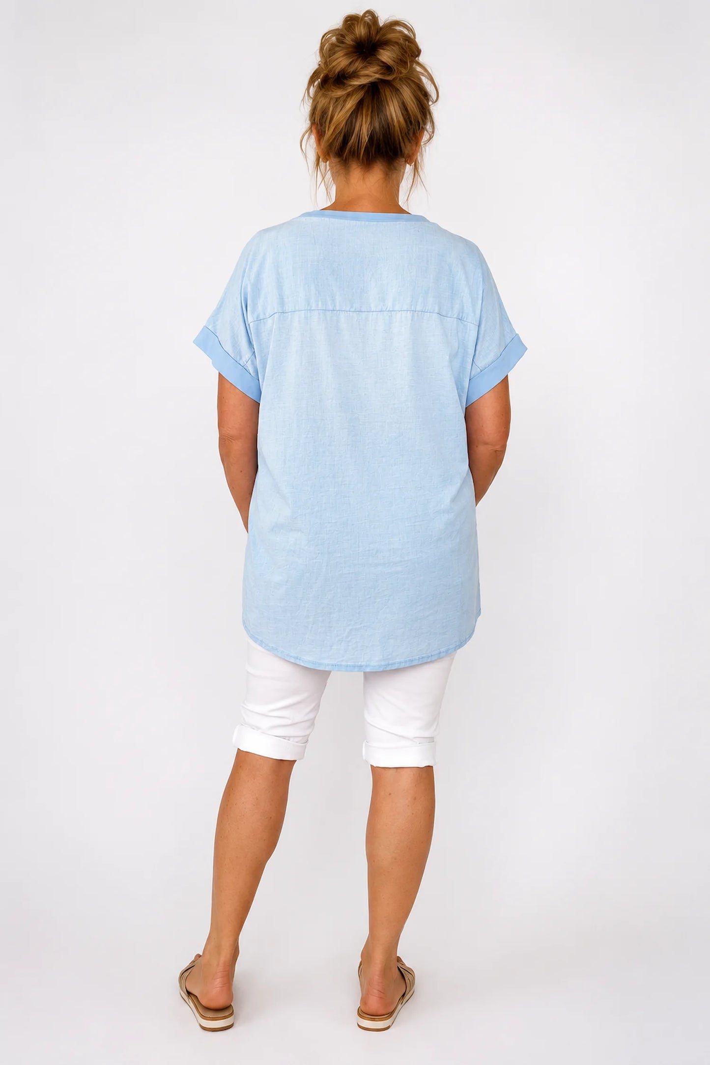 Linen Cotton Mix Mesh Hem Embroidered Flower Tiffany Top - Baby Blue