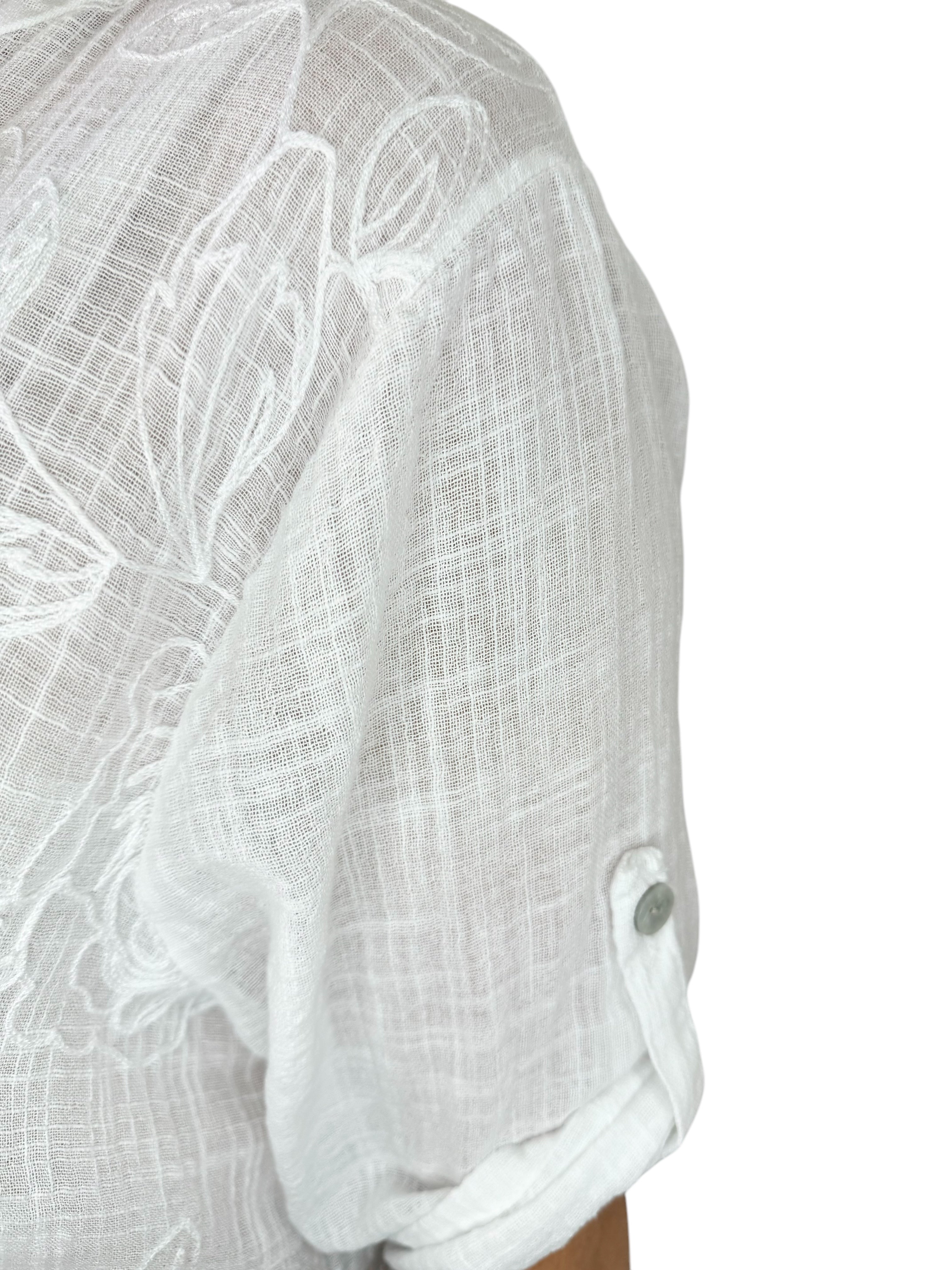 Pure Cotton Embroidery Anglaise Button Sleeve Elara Shirt - White