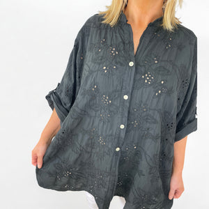 Cotton Oversized Embroidery Anglaise Button Sleeve Shirt - Black