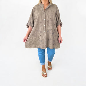 Cotton Oversized Embroidery Anglaise Button Sleeve Shirt - Mocha