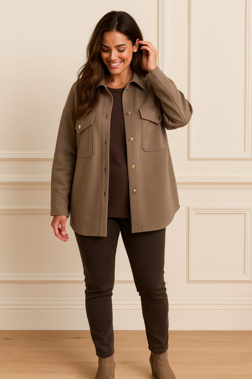 Premium Stitch Gold Button Double Pocket Verona Shacket - Mocha