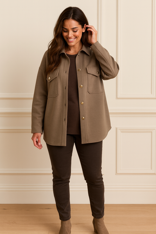 Premium Stitch Gold Button Double Pocket Verona Shacket - Mocha