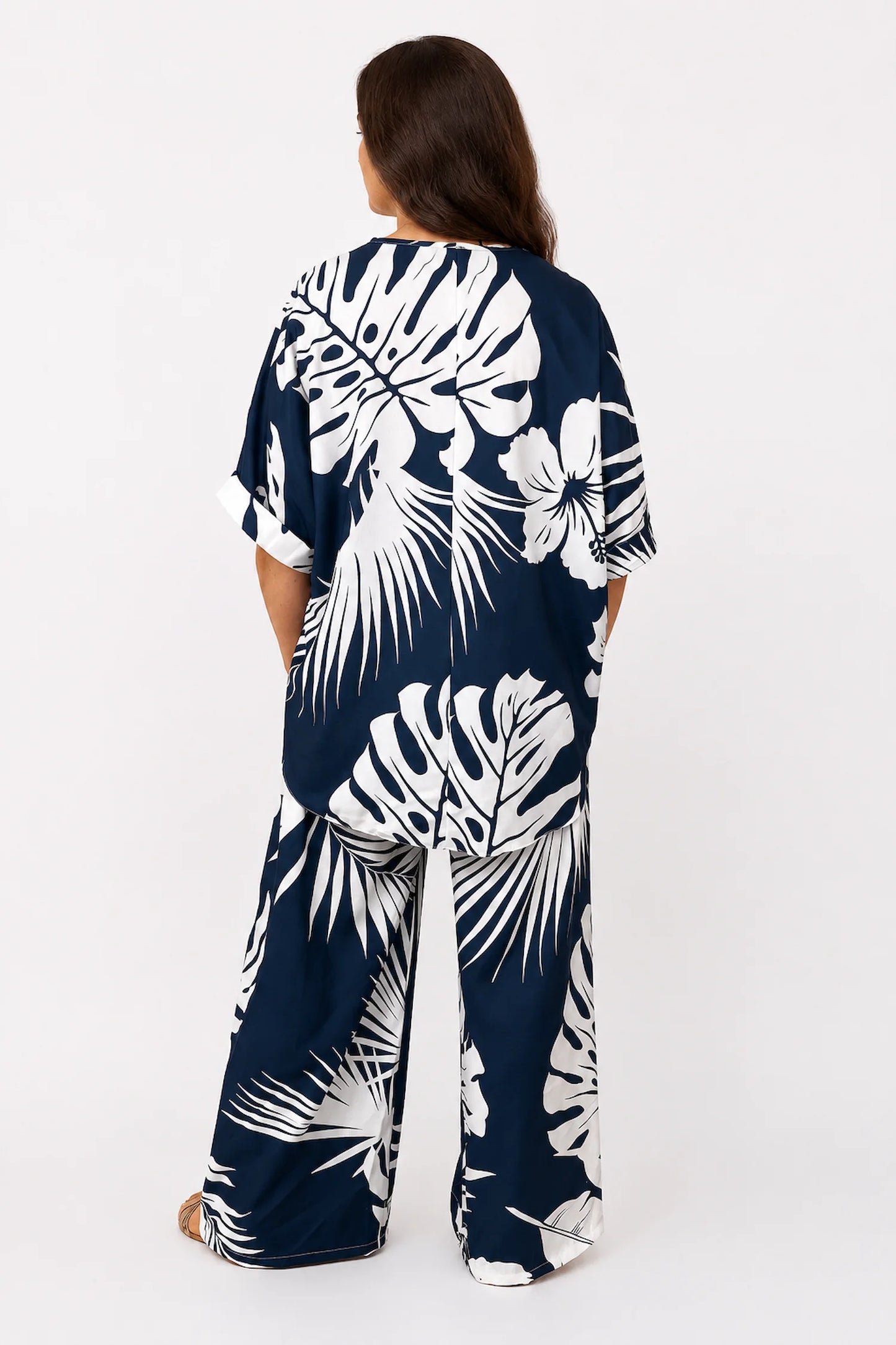 Tropical Print Lightweight Flow Carrisa Top - Navy