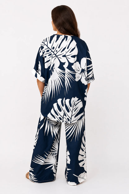 Tropical Print Lightweight Flow Carrisa Top - Navy