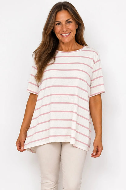 Linen Mix Cindy Stripe Top - Vintage Rose