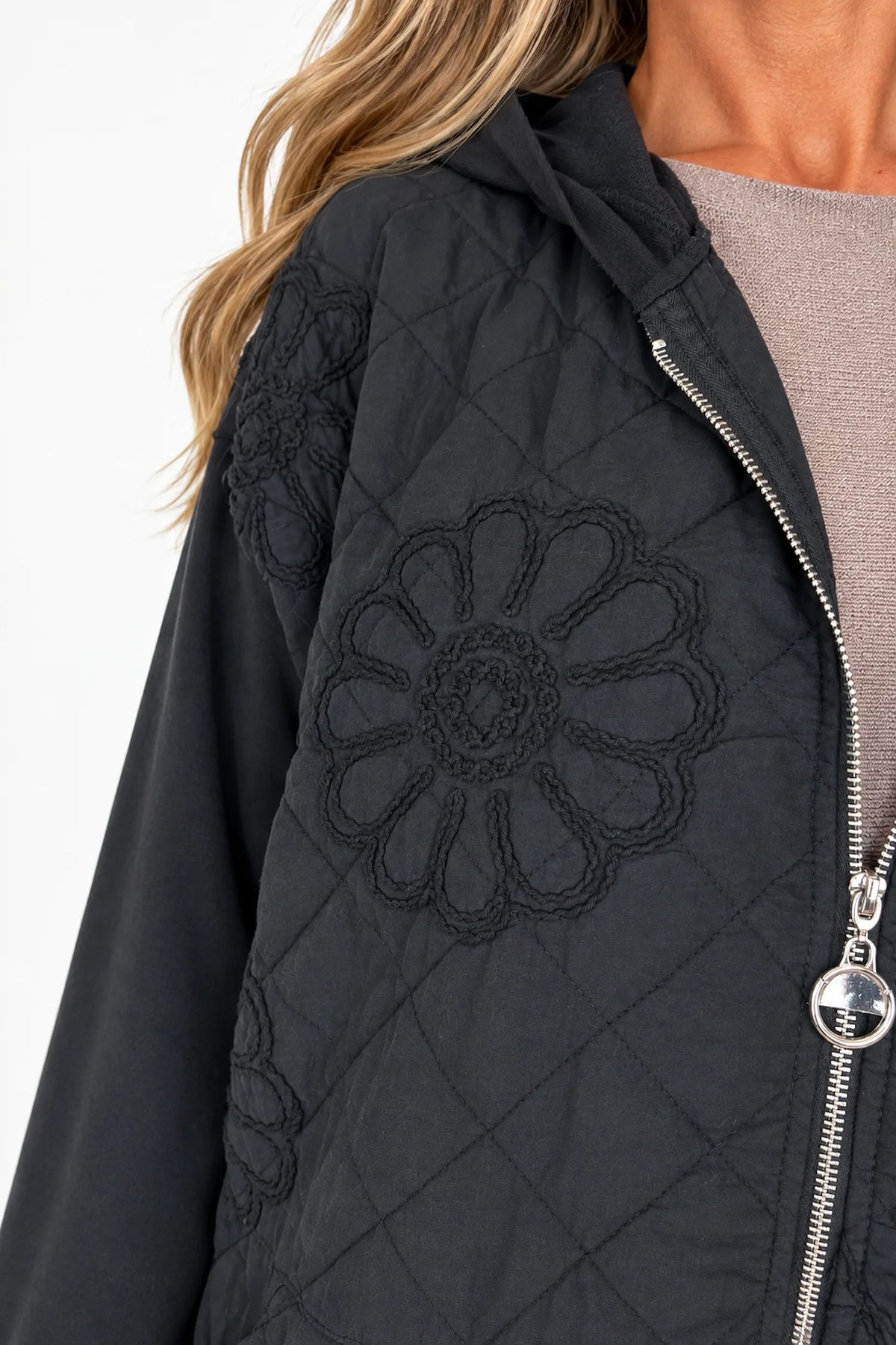 Embroidered Floral Quilted Cotton Hooded Zip Kala Coat – Black