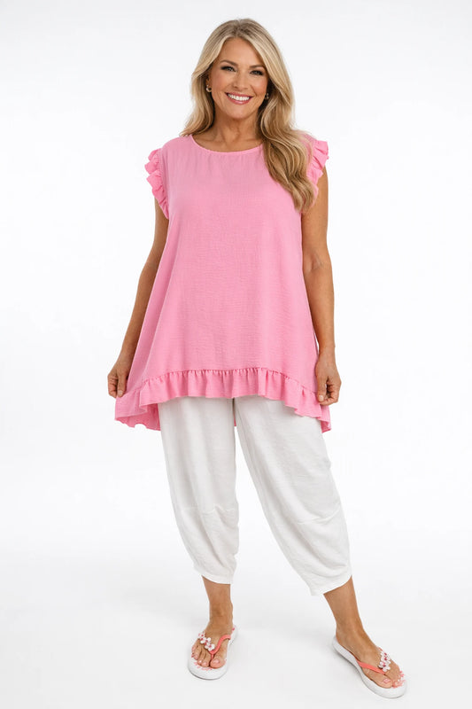 Button Back Cara Frill Top - Baby Pink