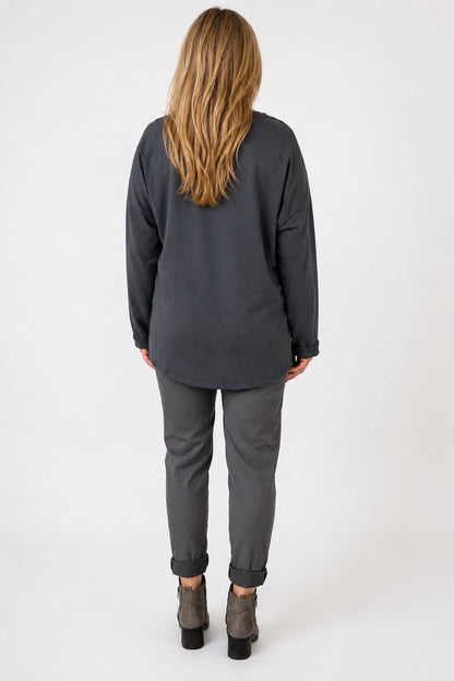 Cotton Button Detail Ezra Top - Charcoal