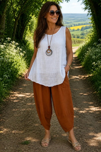 Lagen Look Double Subtle Panel Pocket Elasticated Waist Freya Pants - Sunset