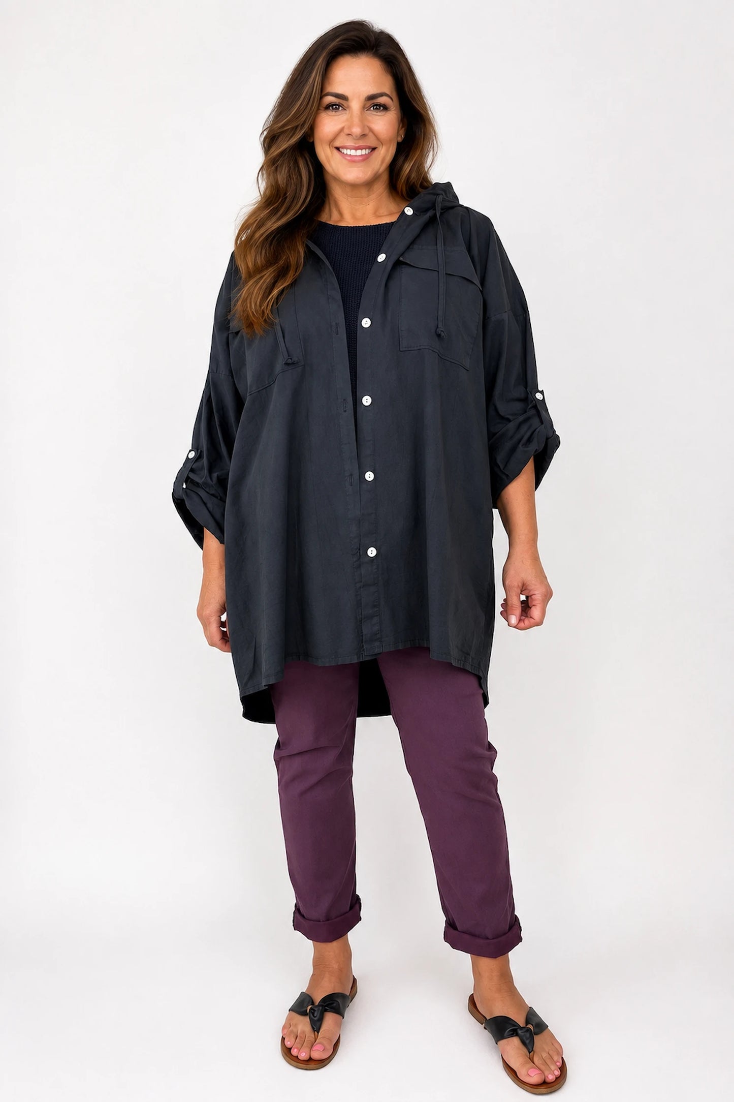 Cotton Double Flap Pocket Button Sleeve Izzy Hooded Overshirt - Black