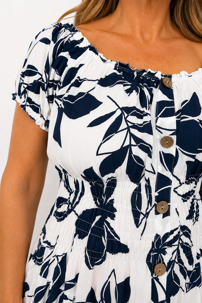 Cotton Button Detail Elasticated Waist Panel Floral Dasia Dress - Navy