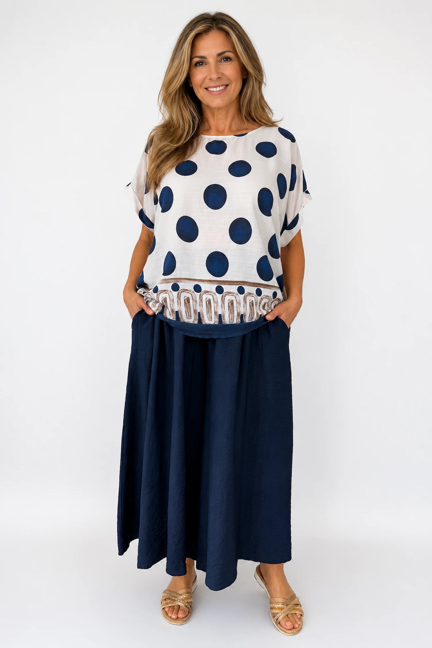 Elasticated Smocked Waist Wide Leg Flora Culotte Pants - Navy