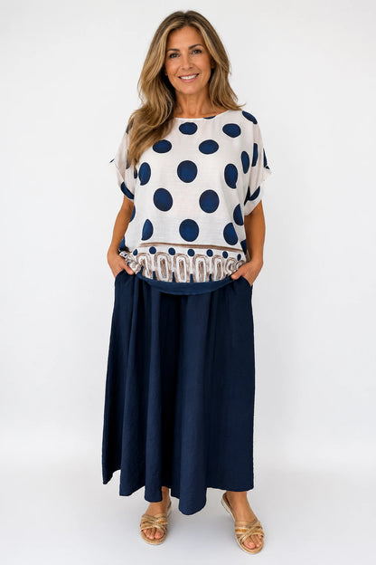 Elasticated Smocked Waist Wide Leg Flora Culotte Pants - Navy