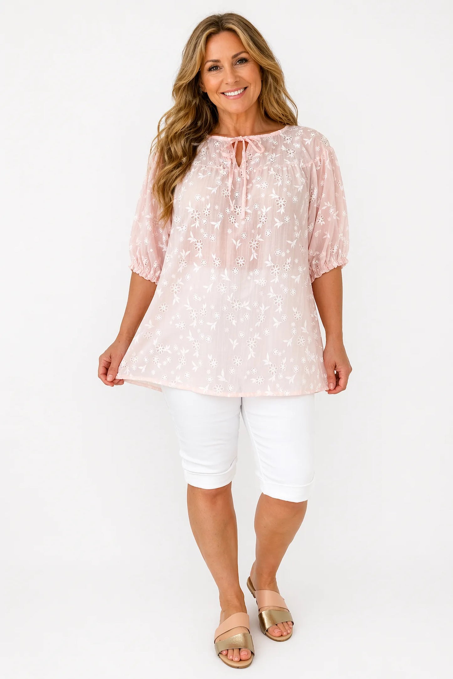 Embroidered Floral Tied Detail Calara Blouse - Baby Pink