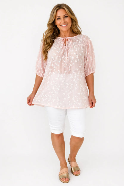 Embroidered Floral Tied Detail Calara Blouse - Baby Pink