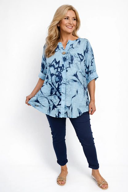 Pure Cotton Button Detail Francisca Shirt - Baby Blue