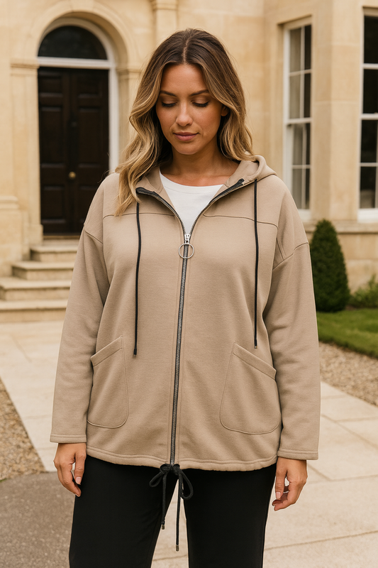 Double Pocket Tie Bottom Detail Zipped Hooded Madeleine Jacket - Beige