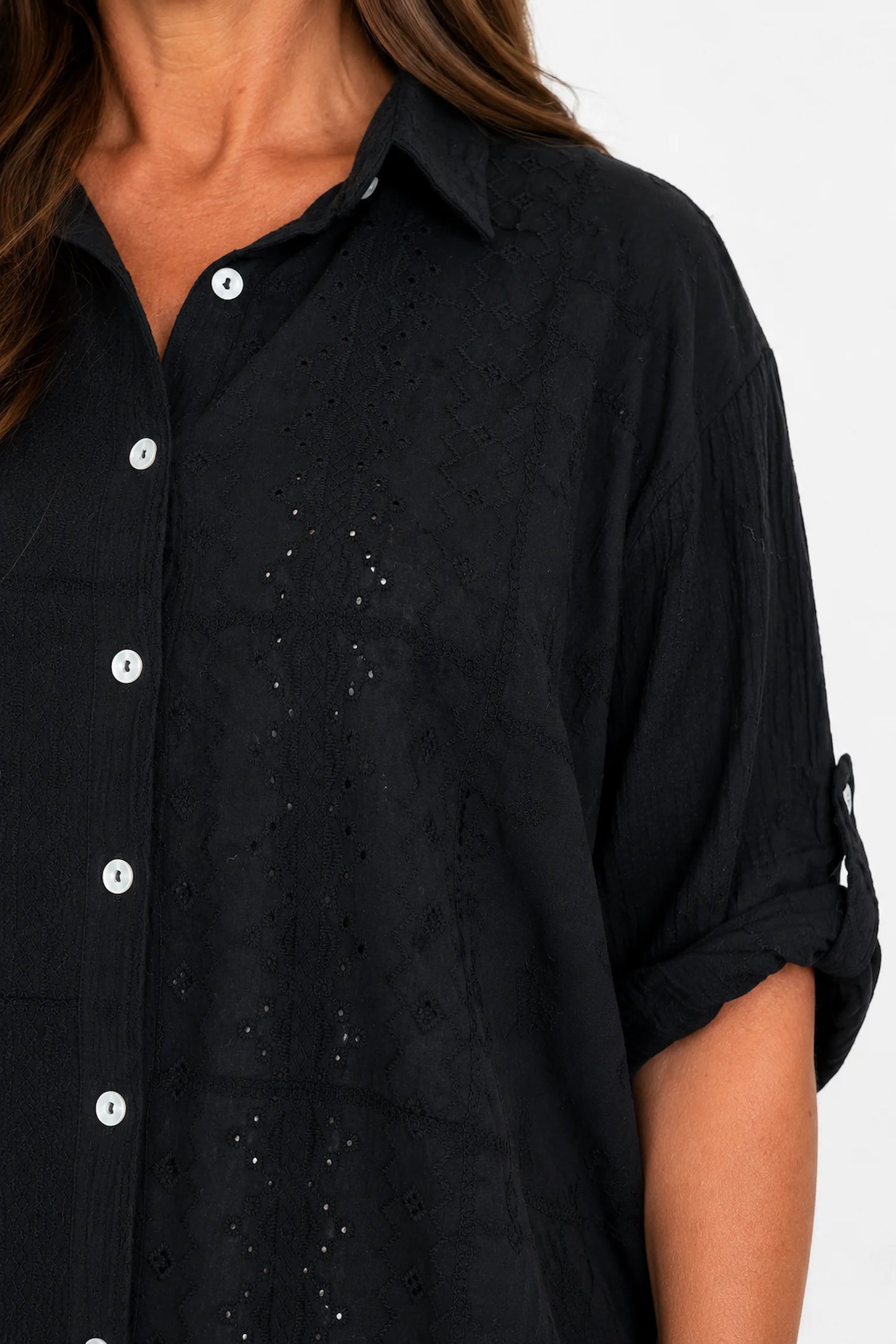 Pure Bubble Cotton Embroidery Anglaise Daphne Button Sleeve Shirt - Black