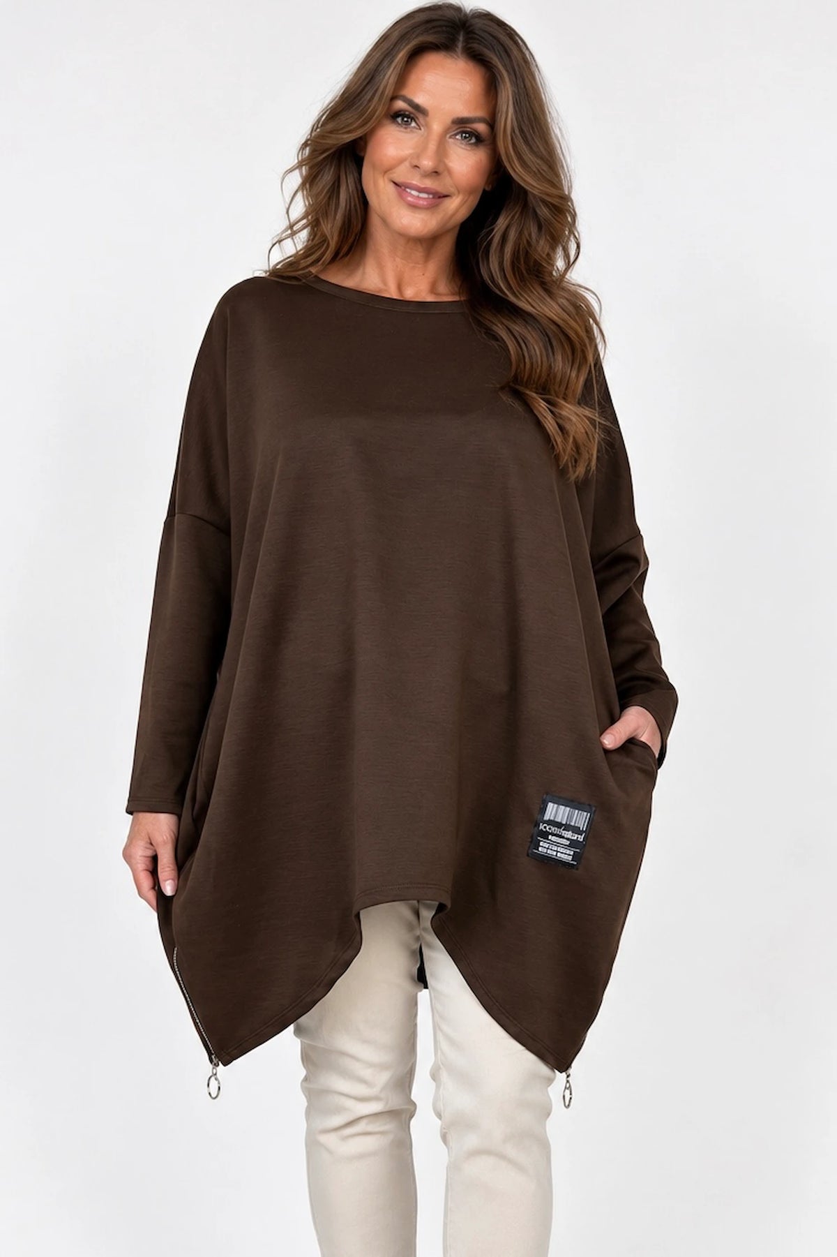 Zipped Hem Badge Detail Double Pocket Lorrie Top - Chocolate