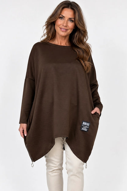 Zipped Hem Badge Detail Double Pocket Lorrie Top - Chocolate