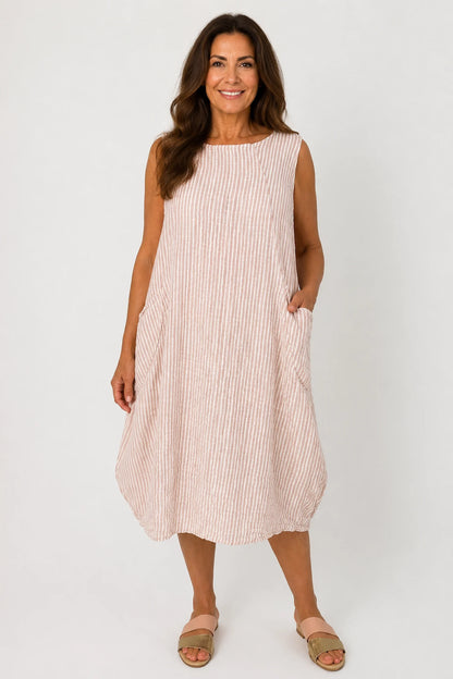 Cotton Double Pocket Pinstripe Elizabeth Dress - Rosewood Pink