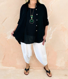 Pure Bubble Cotton Button Sleeve Embroidery Anglaise Cruze Shirt - Black