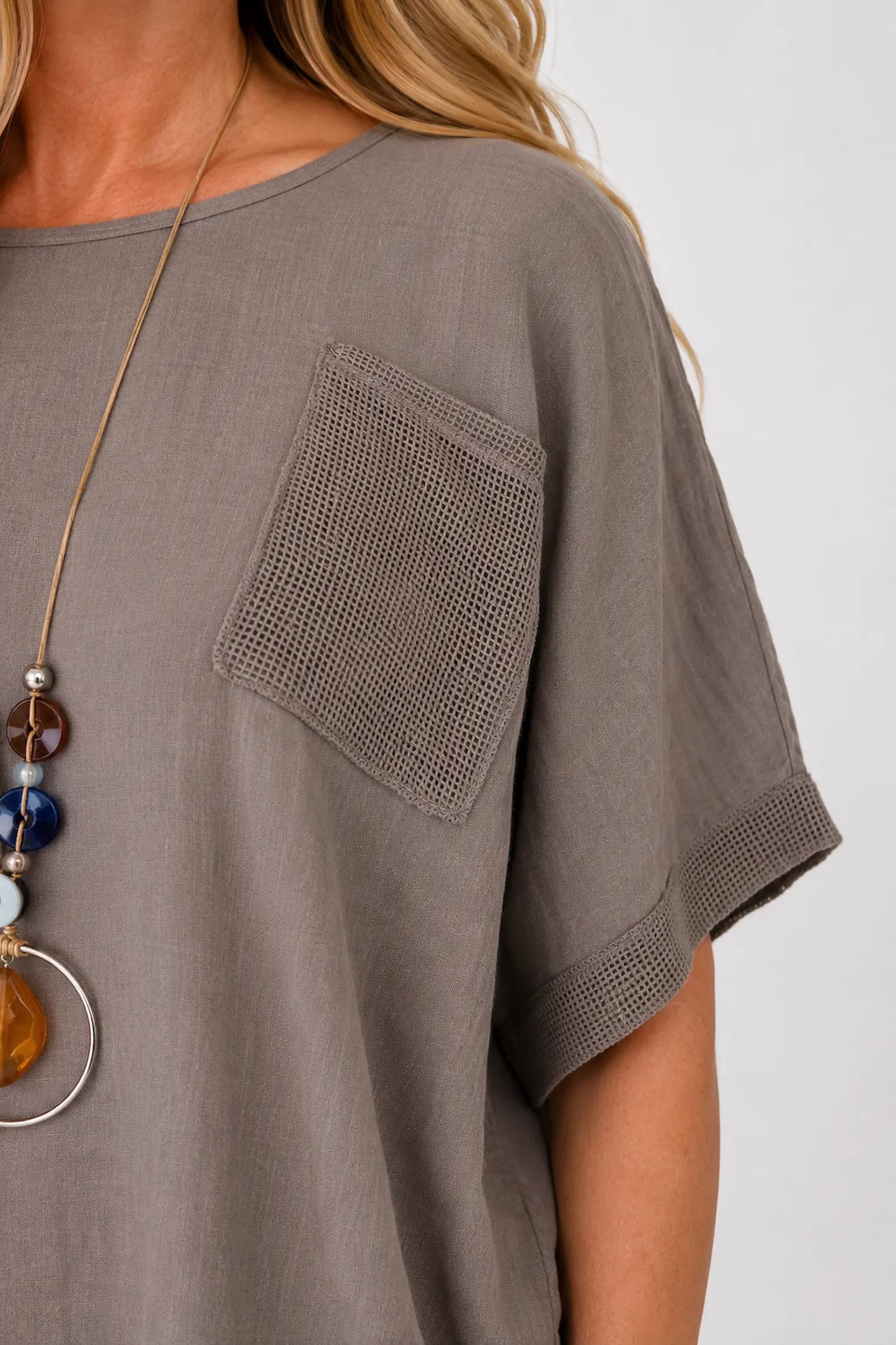 Pure Cotton Mesh Detail Pocketed Portofino Necklace Top - Mocha