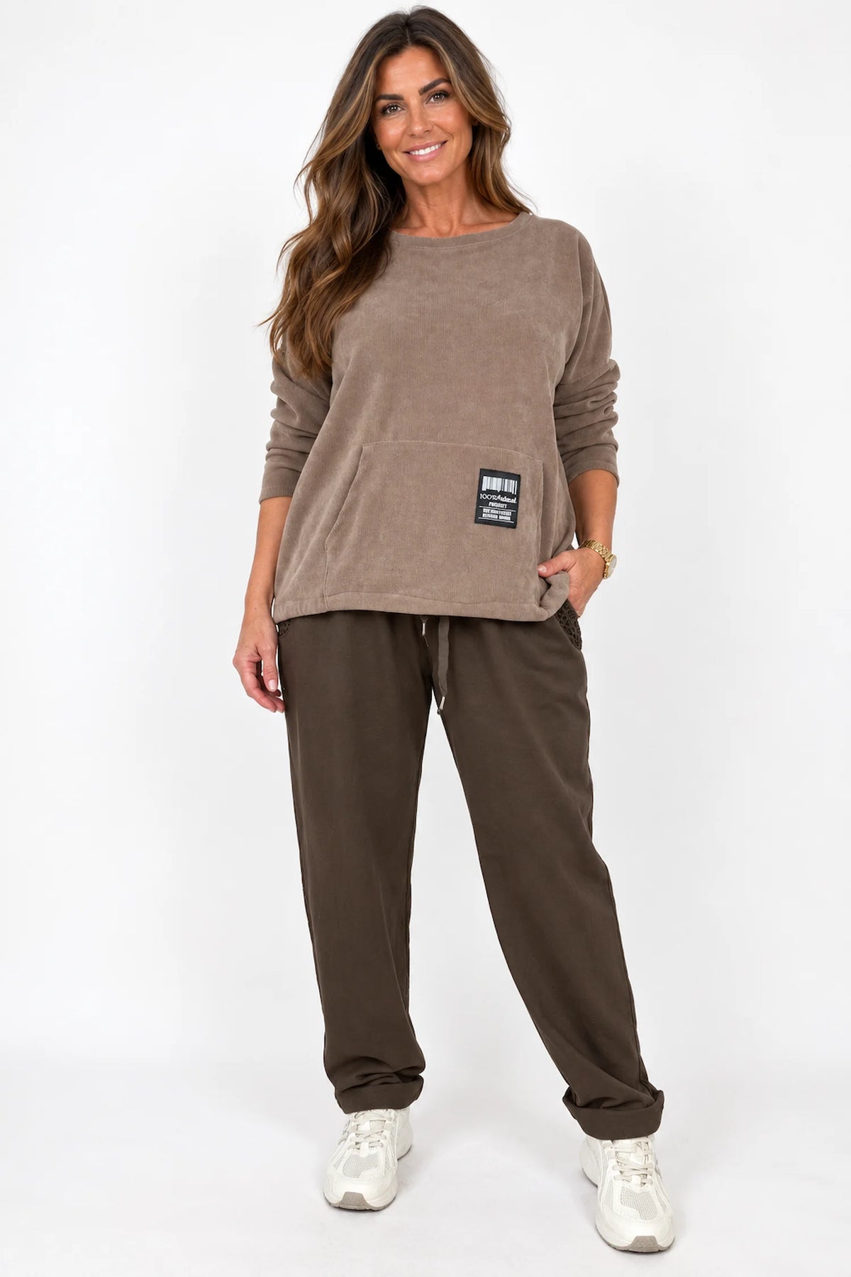 Premium Weight Cotton Crochet Pocket Detail Taliana Joggers - Mocha