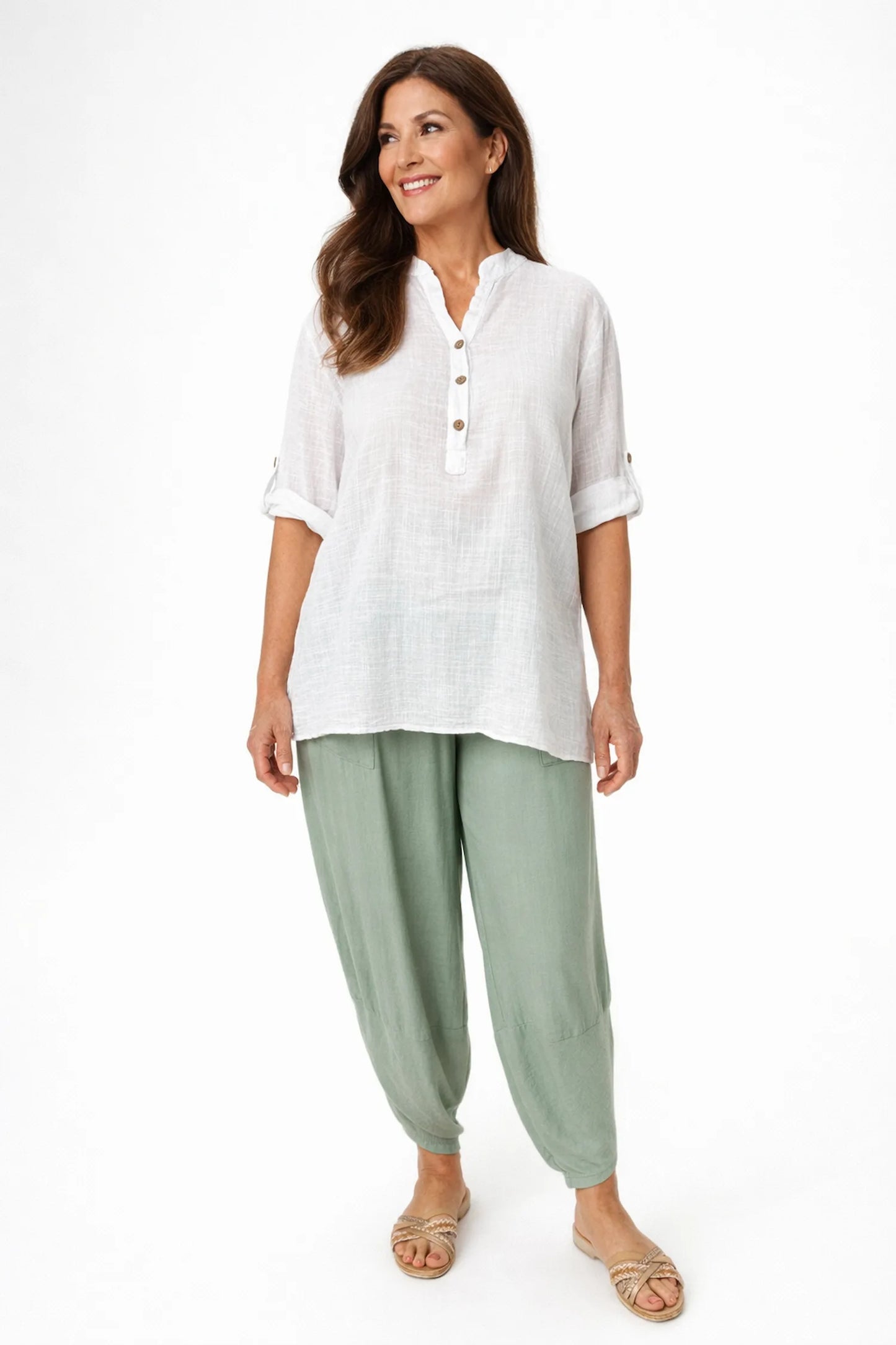 Linen Look Pure Cotton Button Sleeve Diana Button Shirt - White