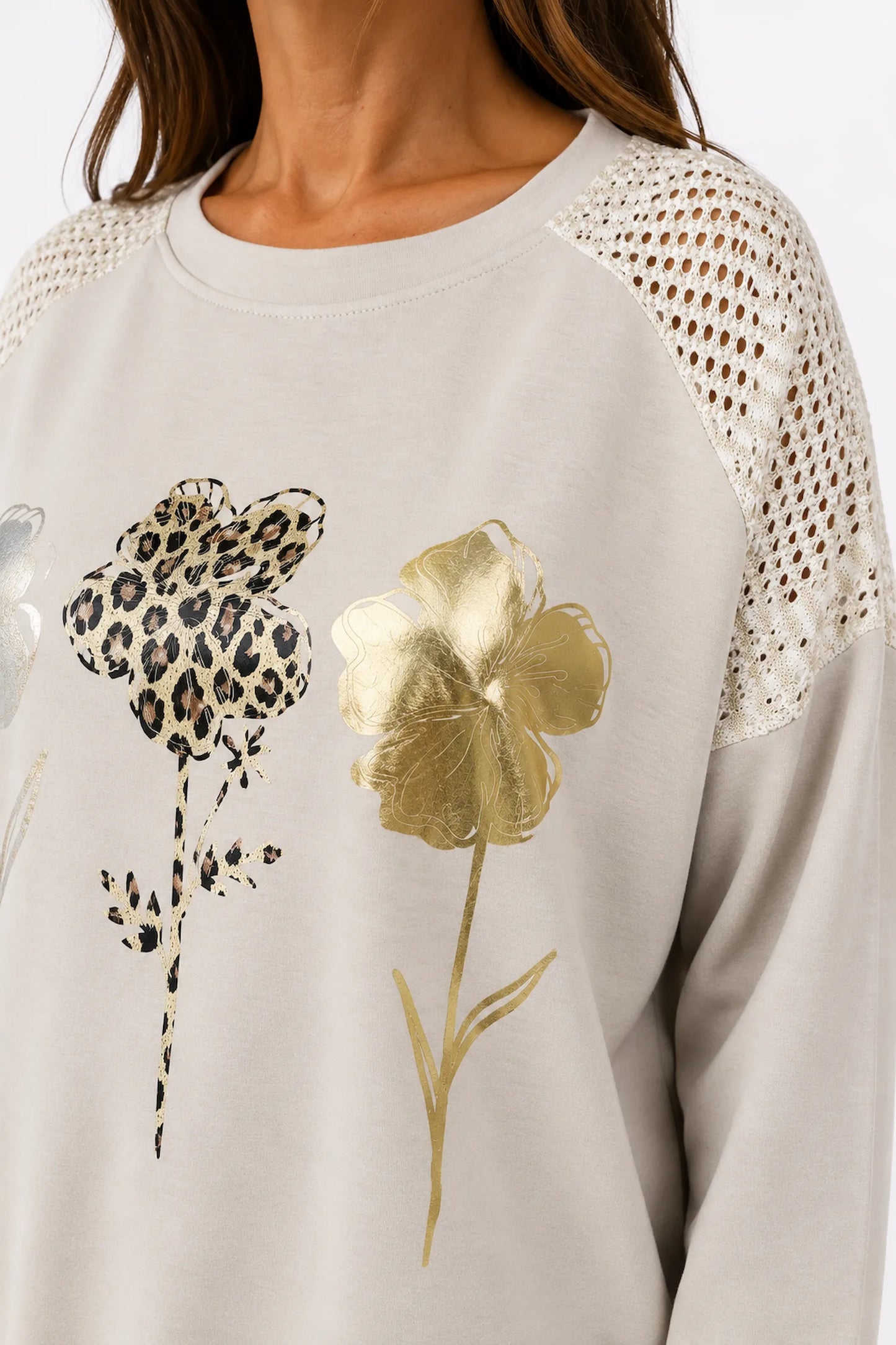 Golden Stitch Crochet Sleeve Metallic Floral Carvella Top - Beige
