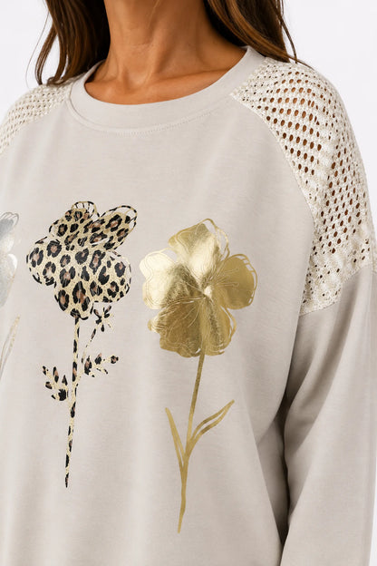 Golden Stitch Crochet Sleeve Metallic Floral Carvella Top - Beige