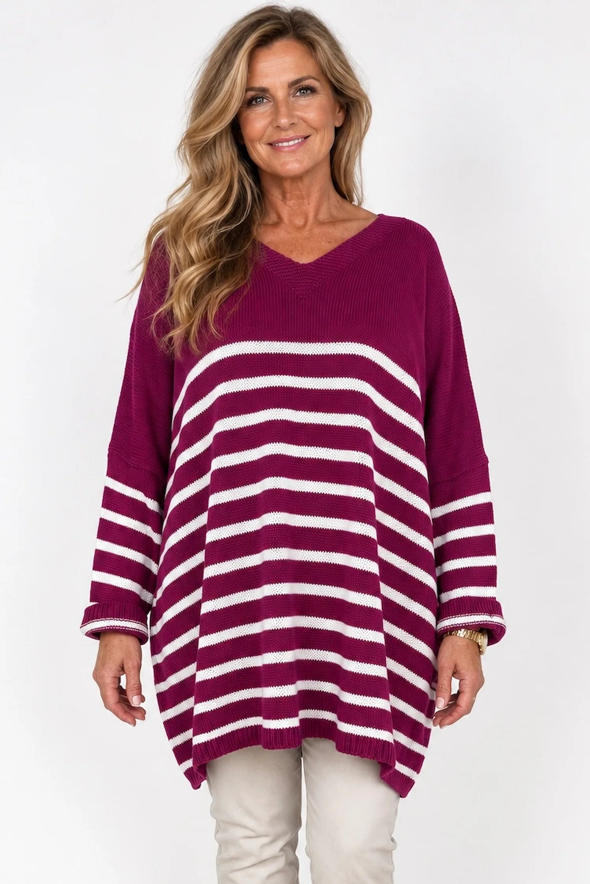 Wool Mix Stripped Diana Top - Electric Purple