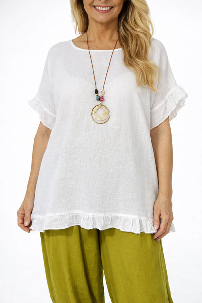 Linen Cotton Mix Frill Sleeve And Hem Iris Necklace Top - White