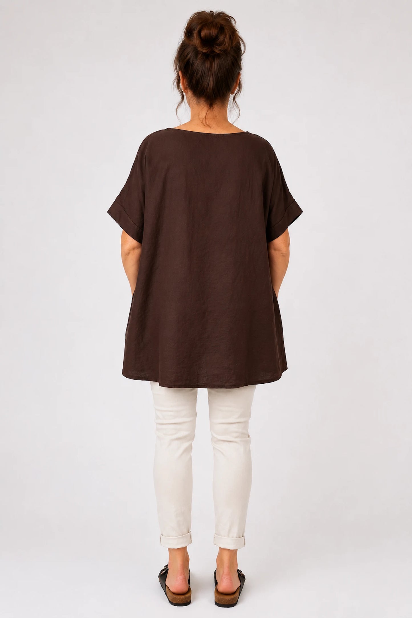 Linen Cotton Mix Mesh Detail Amalfi Pocket Top - Chocolate