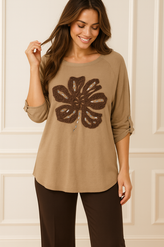 Luxury Knit Button Sleeve Kari Sparkle Clover Top - Beige